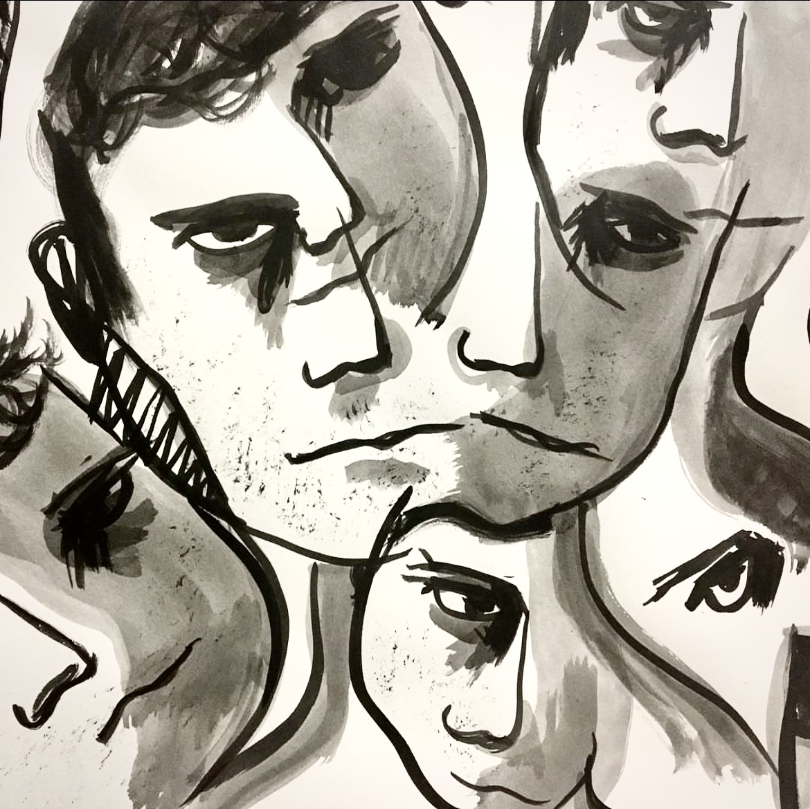 Self Portrait An ink on paper self portrait of Diego Bexar with many faces and wandering eyes.